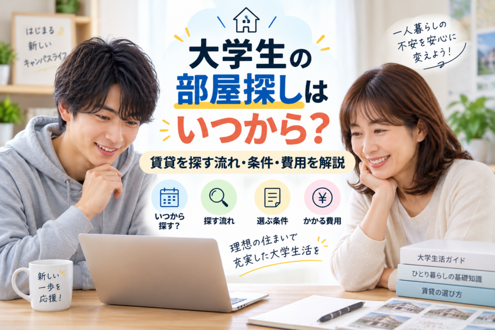 大学生と親が進学向けの部屋探しをしている様子