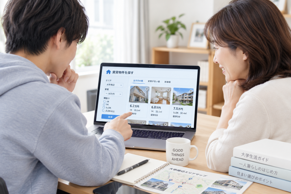 大学生と親が部屋探しをする様子